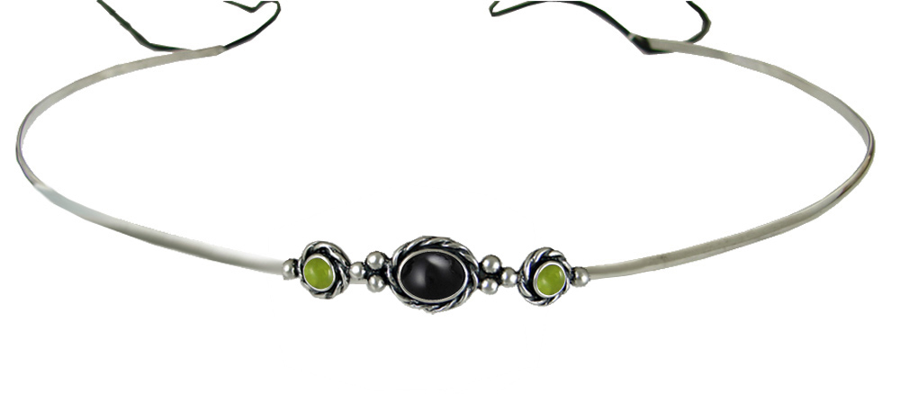 Sterling Silver Renaissance Style Exquisite Headpiece Circlet Tiara With Black Onyx And Peridot